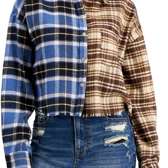 Just Polly Womens Juniors Plaid Cropped Flannel Button Shirt Size Large NEW - Picture 6 of 6